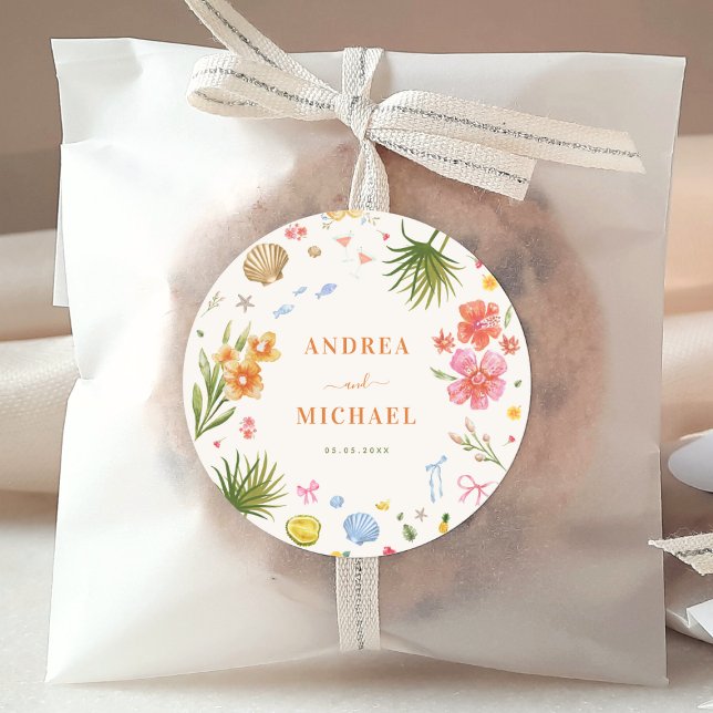 Tropische Küstenhandgezogene Blume Muscheln Hochze Runder Aufkleber (Von Creator hochgeladen)