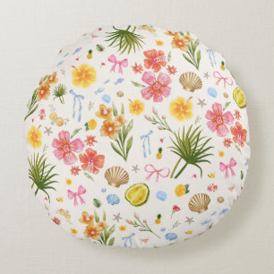 Tropische Küstenhandgezogene Blume und Muscheln Rundes Kissen