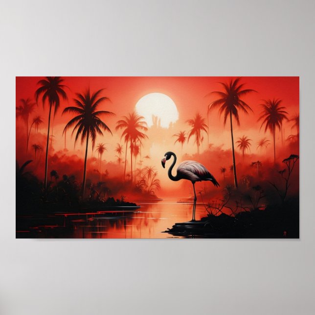 Tropische Landschaft mit einem einsamen Flamingo Poster (Vorne)