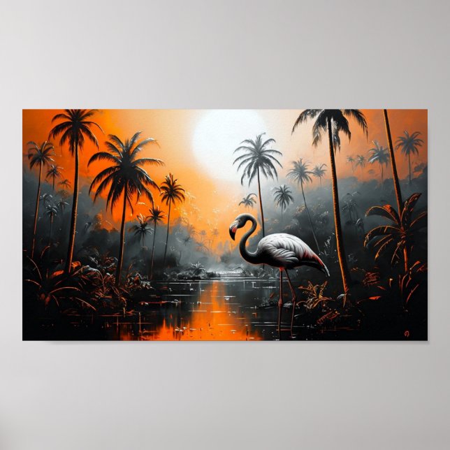 Tropische Landschaft mit Flamingo unter dem belebt Poster (Vorne)