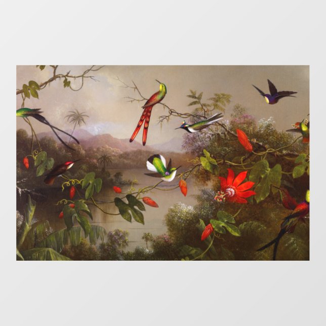 Tropische Landschaft mit zehn Hummingbirds Heade Fensteraufkleber (Blatt)