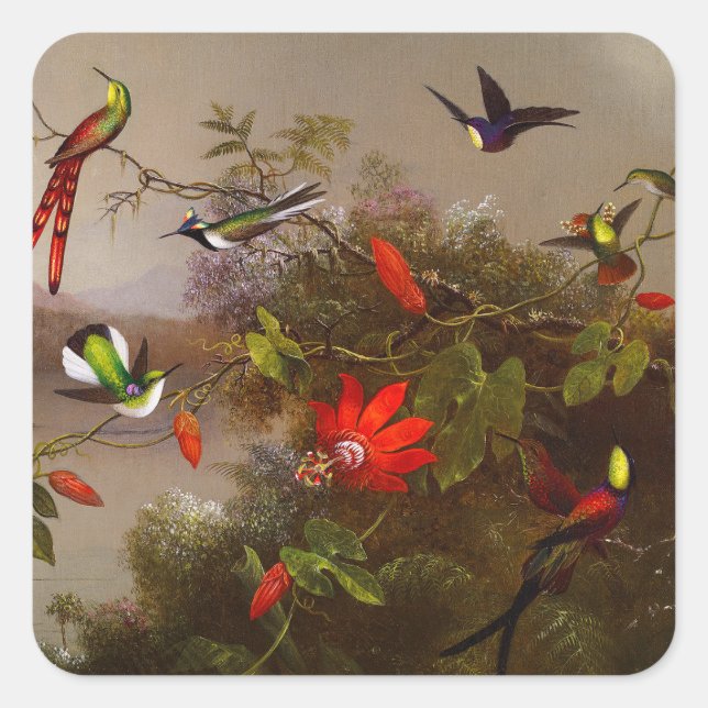 Tropische Landschaft mit zehn Hummingbirds Heade Quadratischer Aufkleber (Vorderseite)
