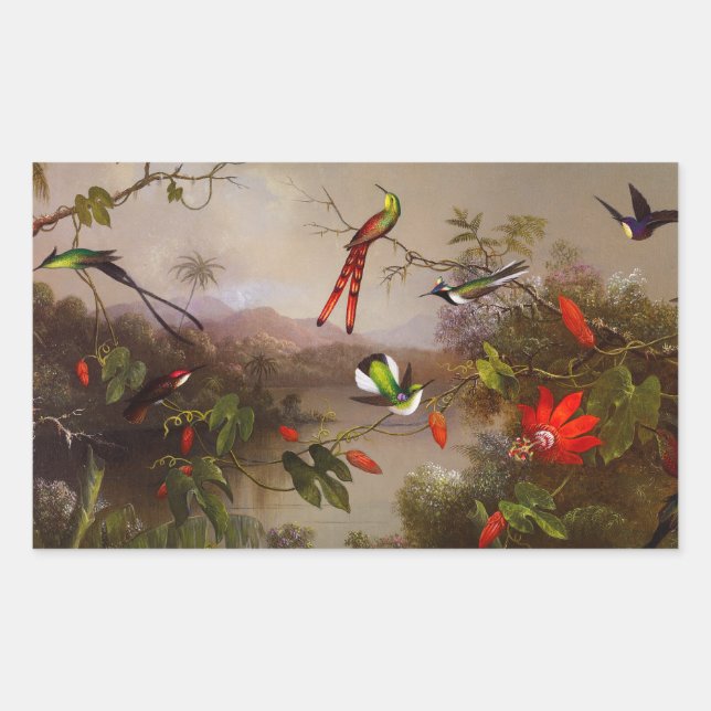 Tropische Landschaft mit zehn Hummingbirds Heade Rechteckiger Aufkleber (Vorderseite)