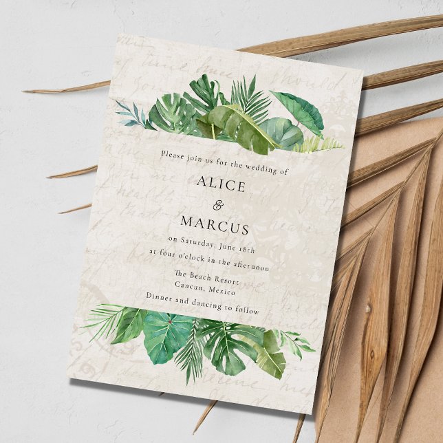 Tropische Leaf-Age Papier Beach Hochzeit in Urlaub Einladung (Tropical Leaf Aged Paper Beach Destination Wedding Invitation)