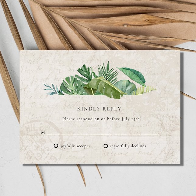 Tropische Leaf-Age Papier Beach Hochzeit in Urlaub RSVP Karte (Tropical Leaf Aged Paper Beach Destination Wedding RSVP Card)
