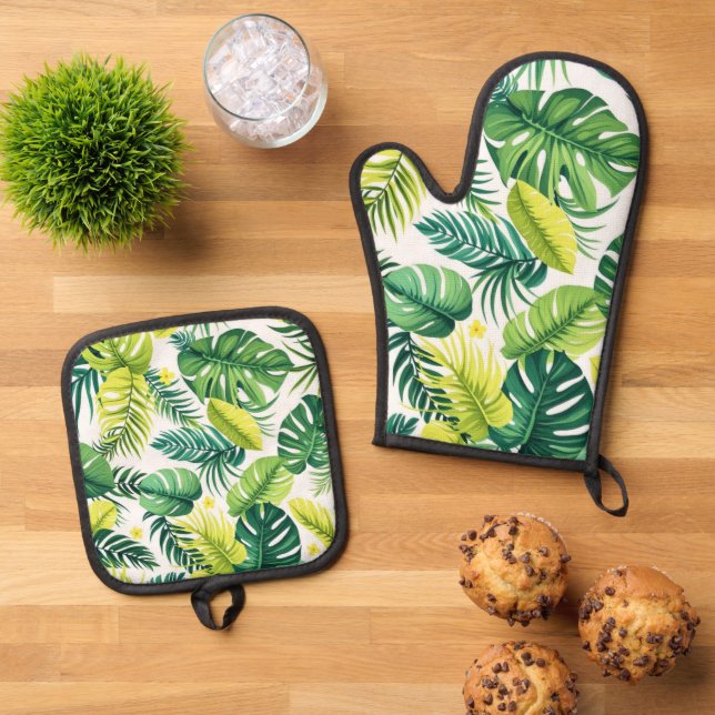 Tropische Leaf-Geschichte - Monstera & Banana Leaf Ofenhandschuh & Topflappen-Set (Oben Unten)