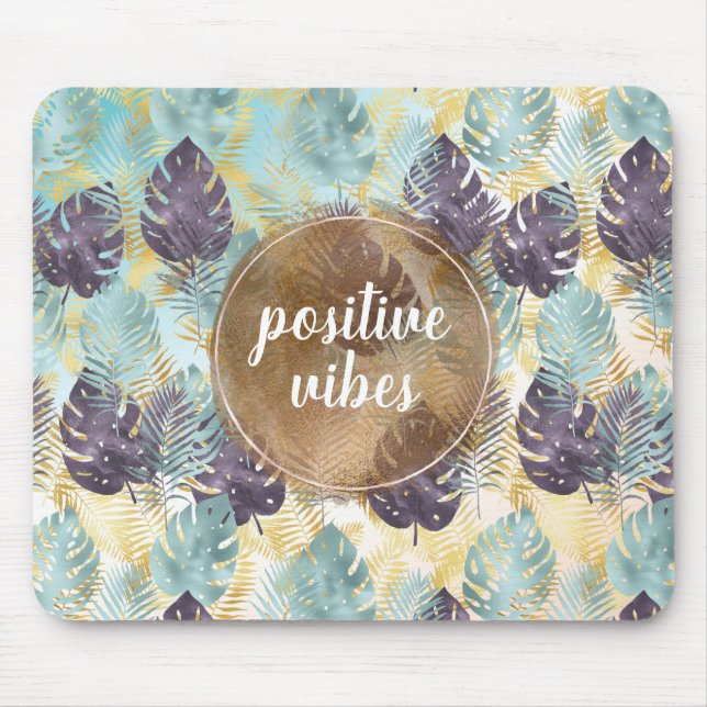 Tropische Lila grüne Gold-Blätter Positive Vibes   Mousepad (Vorne)