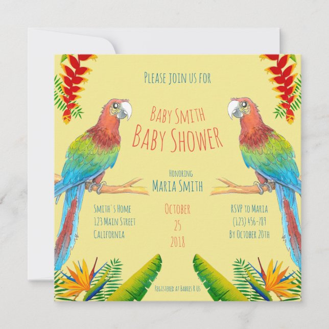 Tropische Macaw-Papageien-Babyparty-Einladung Einladung (Vorderseite)