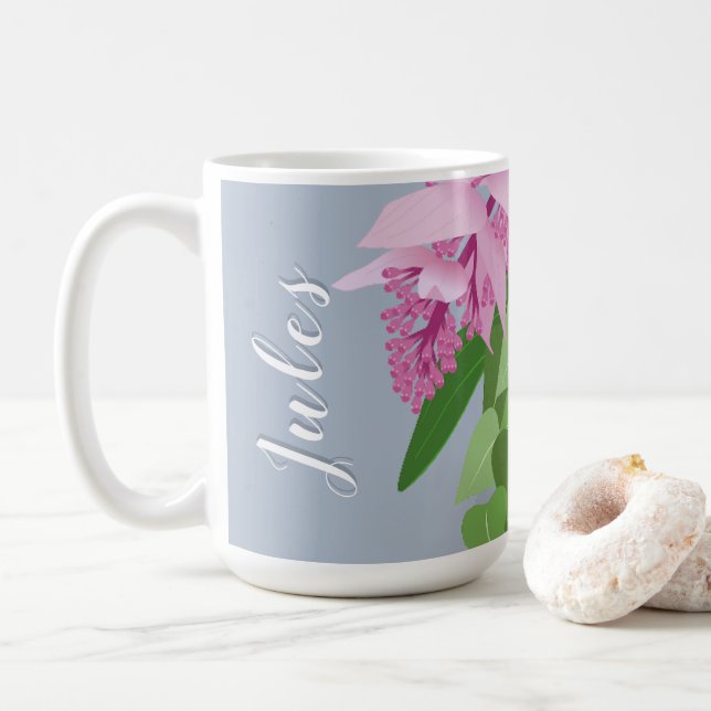 Tropische Medinilla Pink-Blume auf blauem Namen Kaffeetasse (Mit Donut)