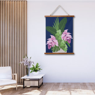 Tropische Medinilla Pink-Blume auf Dunkelblau Wandteppich Mit Holzrahmen
