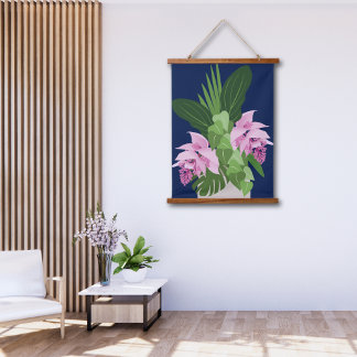 Tropische Medinilla Pink-Blume auf Dunkelblau Wandteppich Mit Holzrahmen