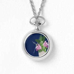 Tropische Medinilla Pink Blume Vase auf Dunkelblau Armbanduhr