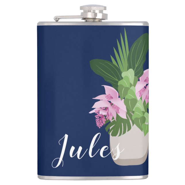 Tropische Medinilla Pink Blume Vase auf Dunkelblau Flachmann (Vorderseite)