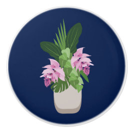 Tropische Medinilla Pink Blume Vase auf Dunkelblau Keramikknauf