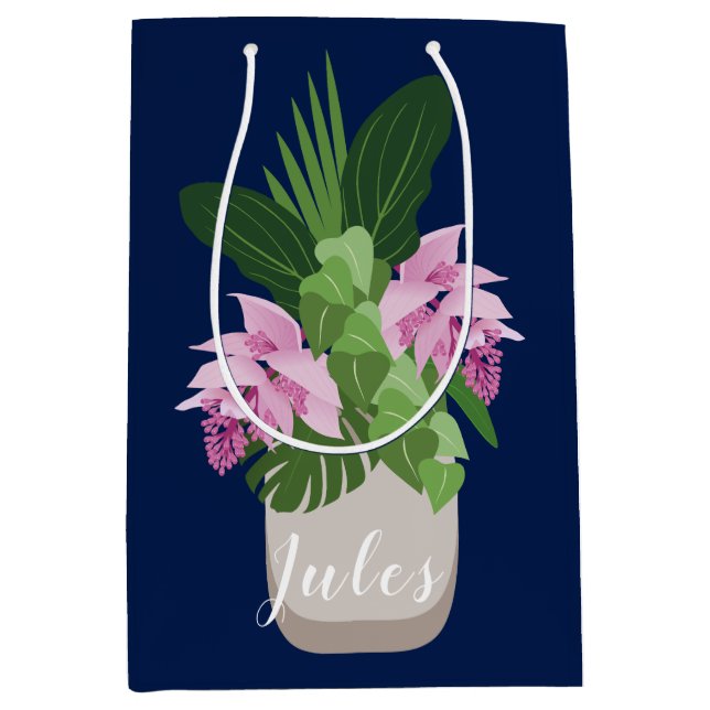Tropische Medinilla Pink Blume Vase auf Dunkelblau Mittlere Geschenktüte (Vorderseite)
