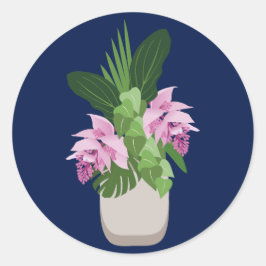 Tropische Medinilla Pink Blume Vase auf Dunkelblau Runder Aufkleber