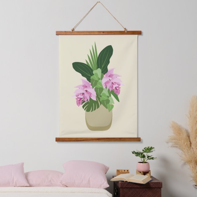 Tropische Medinilla Rosa Blume Gelbe Vase Wandteppich Mit Holzrahmen (Schlafzimmer)