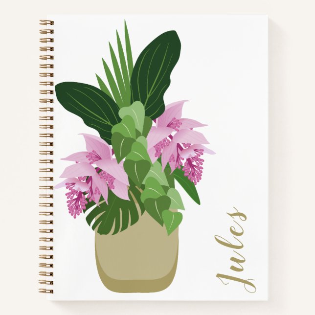 Tropische Medinilla Rosa Blume Gelbe Vase Weiß Notizbuch (Vorderseite)