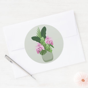 Tropische Medinilla Rosa Blume Grüne Vase Runder Aufkleber