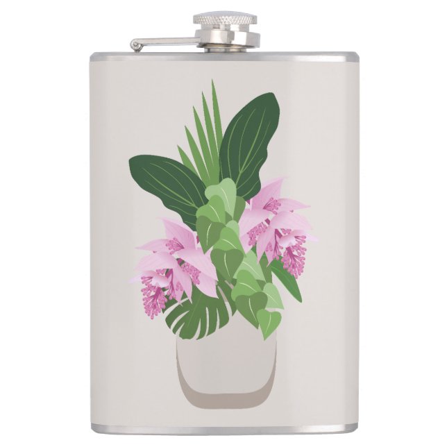 Tropische Medinilla Rosa Blume in Beige Vase Flachmann (Vorderseite)