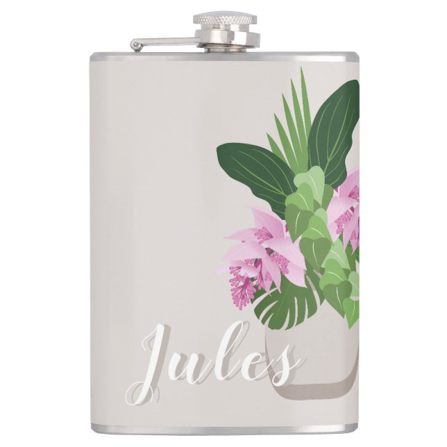 Tropische Medinilla Rosa Blume in Beige Vase Name Flachmann (Vorderseite)