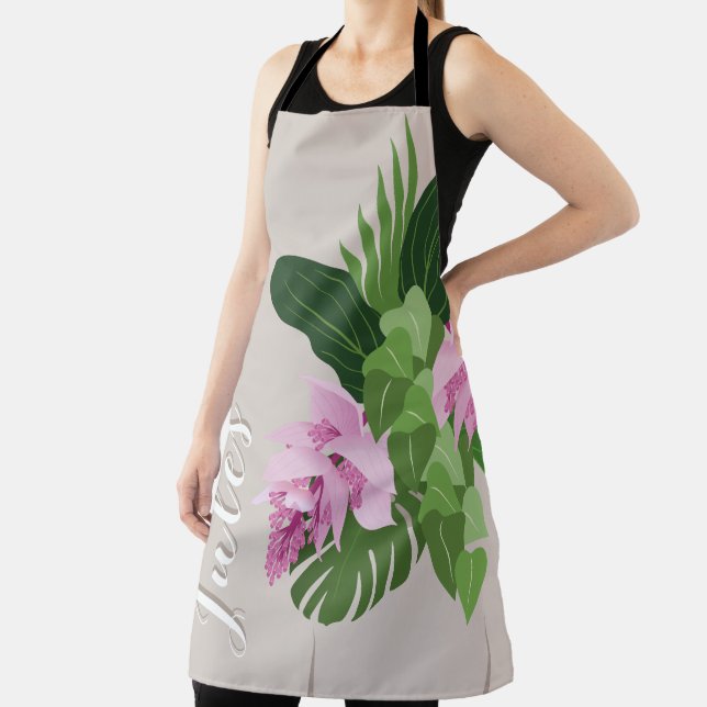 Tropische Medinilla Rosa Blume in Beige Vase Name Schürze (InSitu)