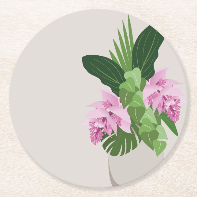 Tropische Medinilla Rosa Blume in Beige Vase Runder Pappuntersetzer (Vorderseite)