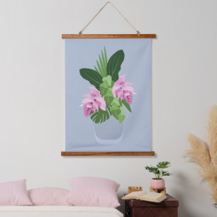 Tropische Medinilla Rosa Blume in Blauer Vase Wandteppich Mit Holzrahmen