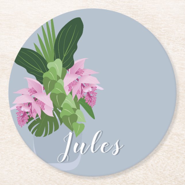 Tropische Medinilla Rosa Blume in Blue Vase Name Runder Pappuntersetzer (Vorderseite)