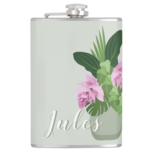 Tropische Medinilla Rosa Blume in grüner Vase Flachmann (Vorderseite)