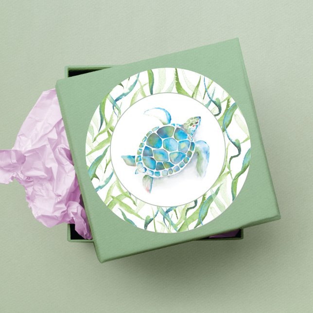 Tropische Meeresschildkröte Runder Aufkleber (Tropical Sea Turtle Watercolor Greenery Classic Round Sticker)