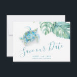 Tropische Meeresschildkröte Save the Date<br><div class="desc">Verkünden Sie Ihre Verlobung mit meiner preiswerten Hochzeitsfeier Save the Date Einladungen mit trendigen Schrift Typografie Schrift Typografie und meine ursprüngliche Aquarellmonstera Grün und tropische Meeresschildkröte in Blautönen, Türkis und Grün. Platz für Ihre Namen, Hochzeitstag und Hochzeitsort. Die Karten werden in eine solide, türkisfarbene Farbe umgetauscht. Ideal für tropische Karibik,...</div>