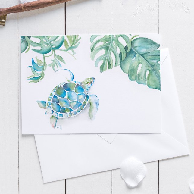 Tropische Meeresschildkröten-Leere im Inneren Dankeskarte (Thank you cards feature watercolor sea turtle and tropical palm leaf art by Victoria Grigaliunas)