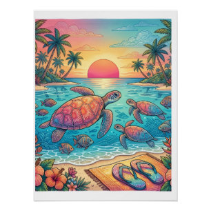 Tropische Meeresschildkröten Sonnenuntergang Stran Poster
