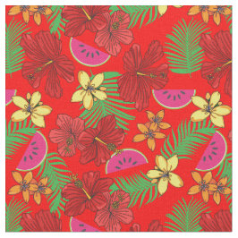 Tropische Melonen und Blätter aus Palmen, rotes Mu Stoff