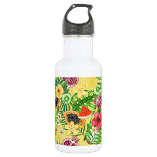 Tropische Michfrüchte, Blume und Blätter auf Gelb Edelstahlflasche