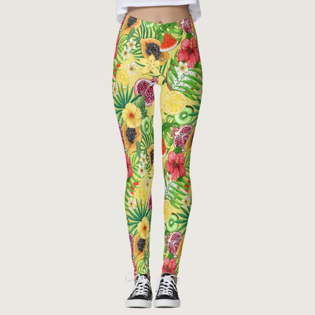 Tropische Michfrüchte, Blume und Blätter auf Gelb Leggings (Vorderseite)