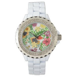 Tropische Michfrüchte, Blume und Blätter in Weiß Armbanduhr