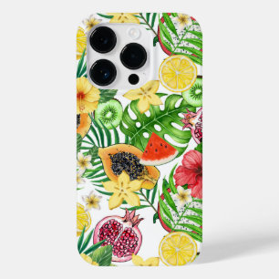Tropische Michfrüchte, Blume und Blätter in Weiß Case-Mate iPhone 14 Pro Hülle