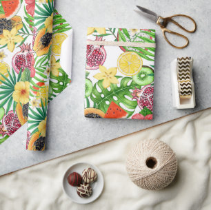 Tropische Michfrüchte, Blume und Blätter in Weiß Geschenkpapier