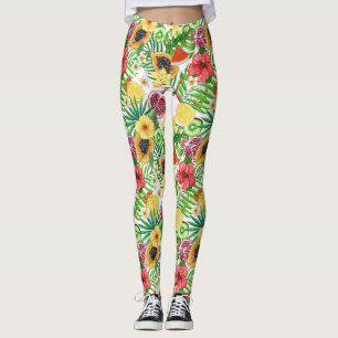 Tropische Michfrüchte, Blume und Blätter in Weiß Leggings