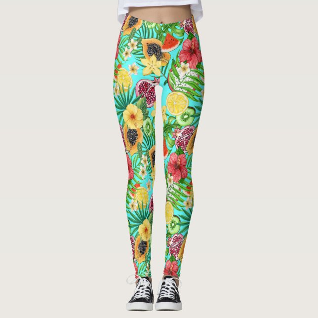 Tropische Mischfrüchte, Blume und Blätter auf blau Leggings (Vorderseite)