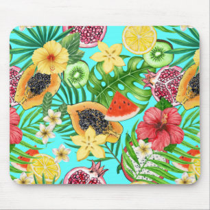 Tropische Mischfrüchte, Blume und Blätter auf blau Mousepad