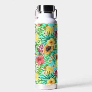 Tropische Mischfrüchte, Blume und Blätter auf blau Trinkflasche