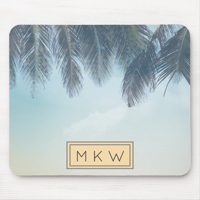 Tropische Mit Monogramm Palm-Blätter Wolken Mousepad (Vorne)