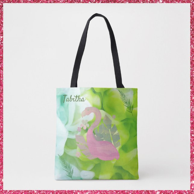 Tropische moderne rosa Flamingo und Palms Tote Bag (Von Creator hochgeladen)