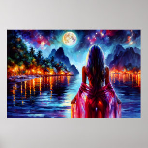 Tropische mondbeschienene Fantasie-Frau im Paradie Poster