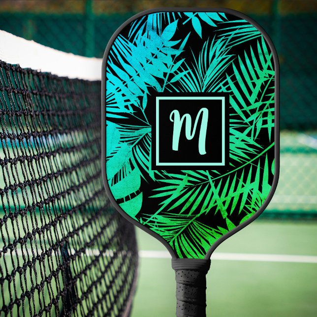 Tropische Monogram Aquamarin Green Ombre Palm Mode Pickleball Schläger (Von Creator hochgeladen)