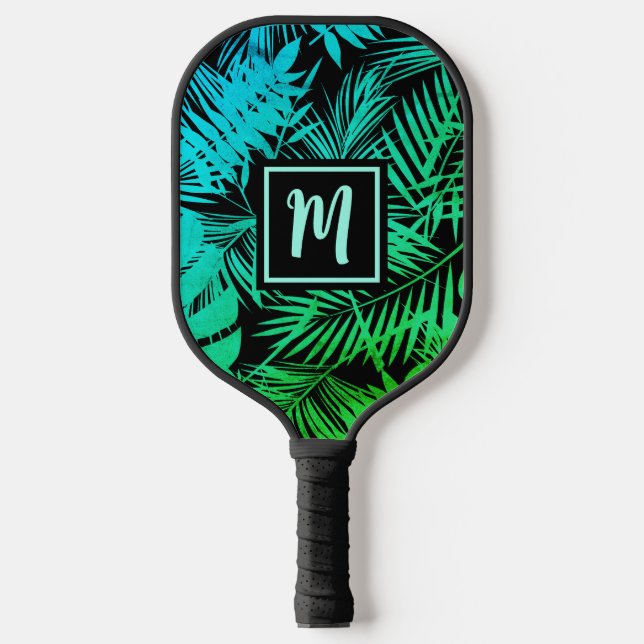 Tropische Monogram Aquamarin Green Ombre Palm Mode Pickleball Schläger (Vorderseite)