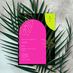 Tropische Monogramm-Neonbögen-Palmbaum-Hochzeit Folieneinladung
